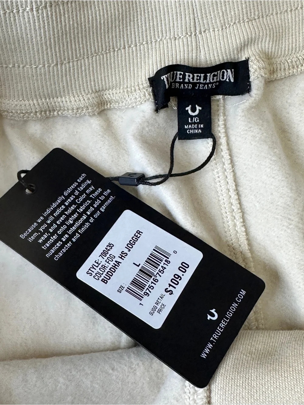 True Religion Buddha HS Jogger Sweatpants Fog Cream Off-White Men’s Large $109